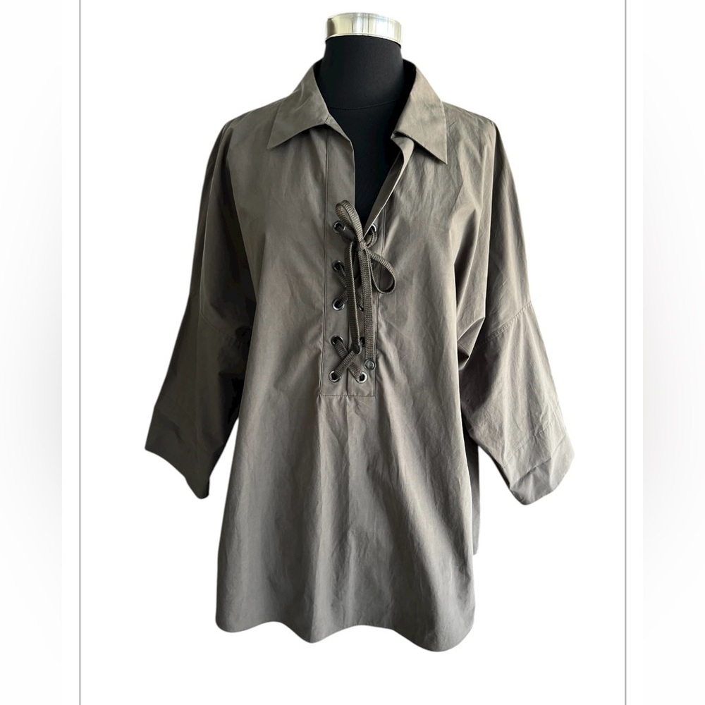 AKRIS PUNTO Tunic Top Womens 16 Taupe GREEN 3/4 SLEEVES COLLAR NECK Oversized